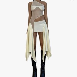 Ivory One Strap Layered Skirt Sheer Dress with Cutout